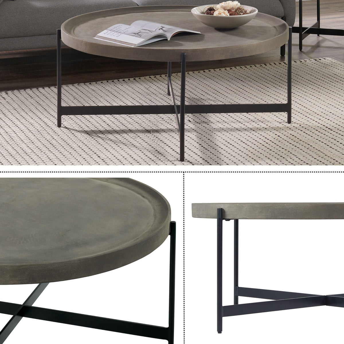 42-Inch Round Concrete-Coated Wood Coffee Table with Tray Top F4951